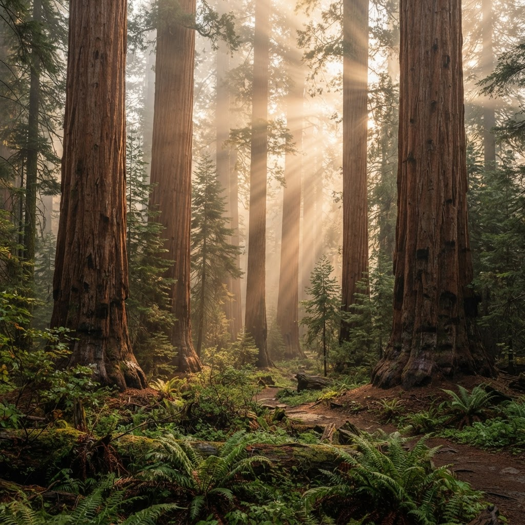 Sunlight streaming through a grove of giant sequoia trees