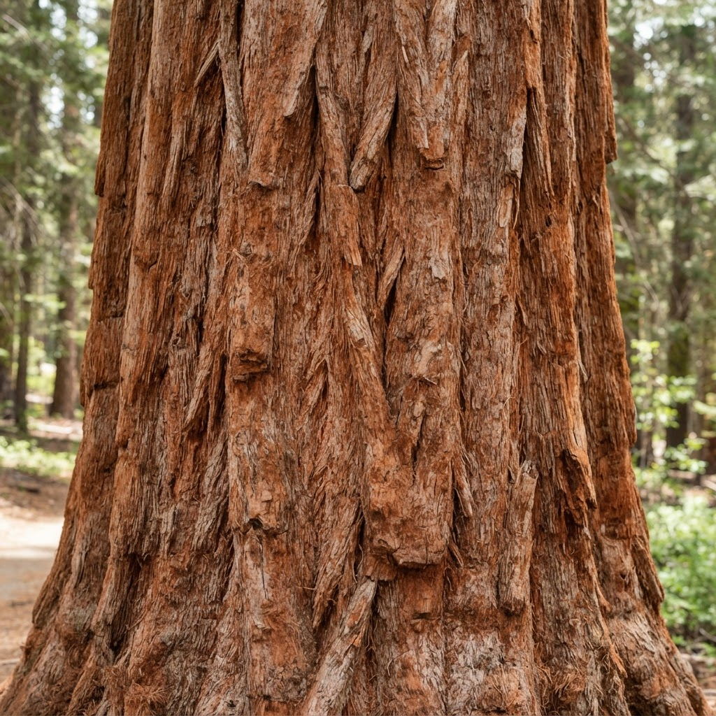 Close-up of the thick, fibrous bark of a giant sequoia trunk
